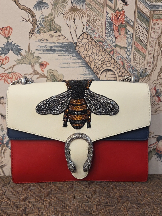 Gucci Handbags - Gucci Red/White/Blue Leather Bee Embroidered Medium Dionysus Bag